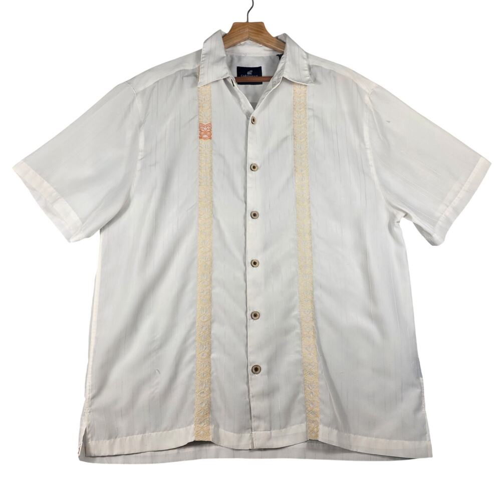 Caribbean Joe White Embroidered Short Sleeve Button Down Shirt